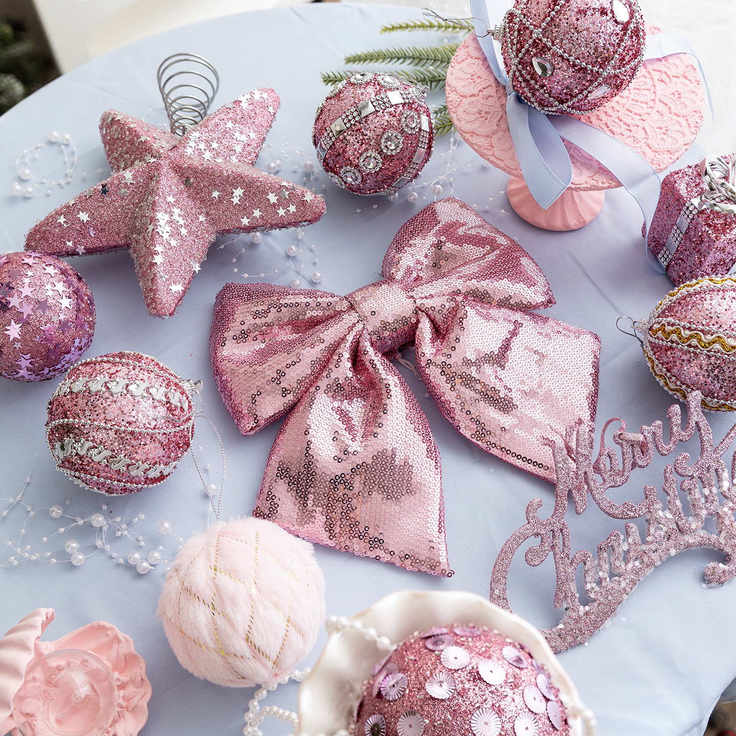 Ornament Ball Set - Christmas Ball Decoration 8CM Pink Foam